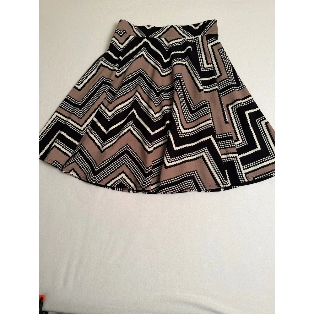 Tiffany & Grey Chevron Zigzag Skater Skirt Black Taupe Geometric Mini Skirt